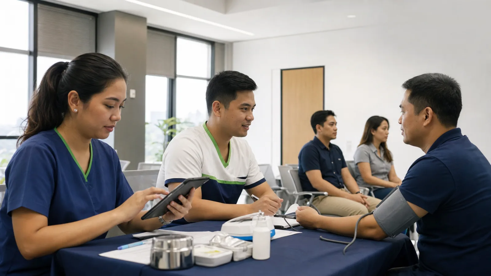 Filipino mobile medical team conducting an organized workplace health screening