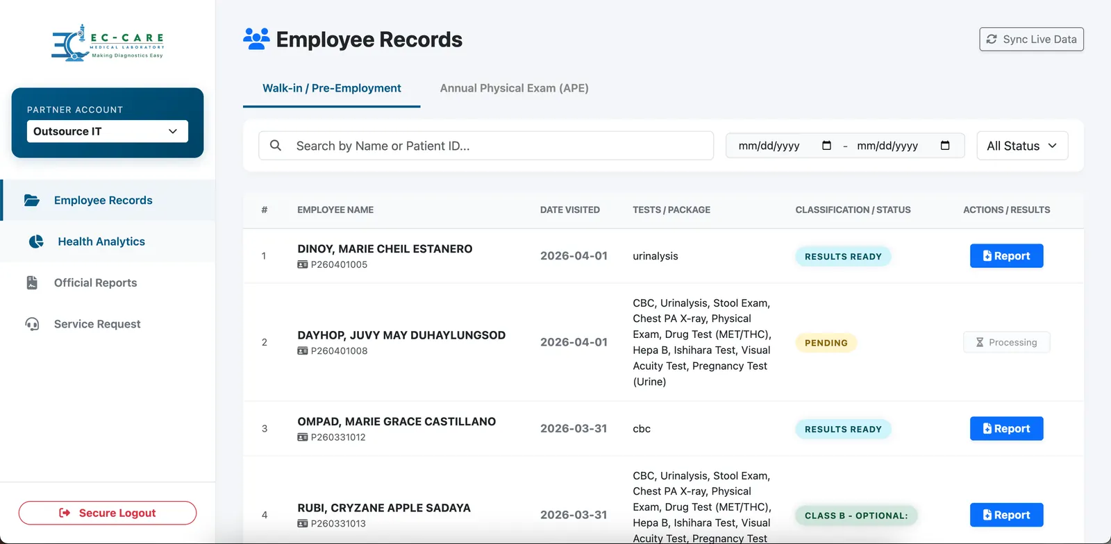 Employee records screen inside the EC Care corporate portal