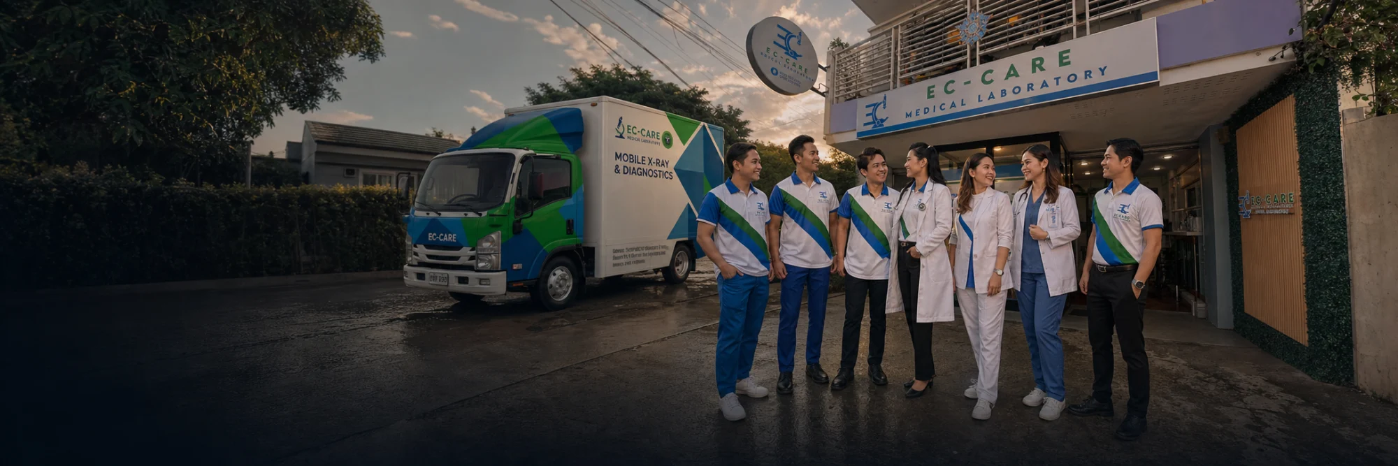 Illustrative scene of Filipino healthcare professionals with a mobile diagnostics van outside a medical laboratory