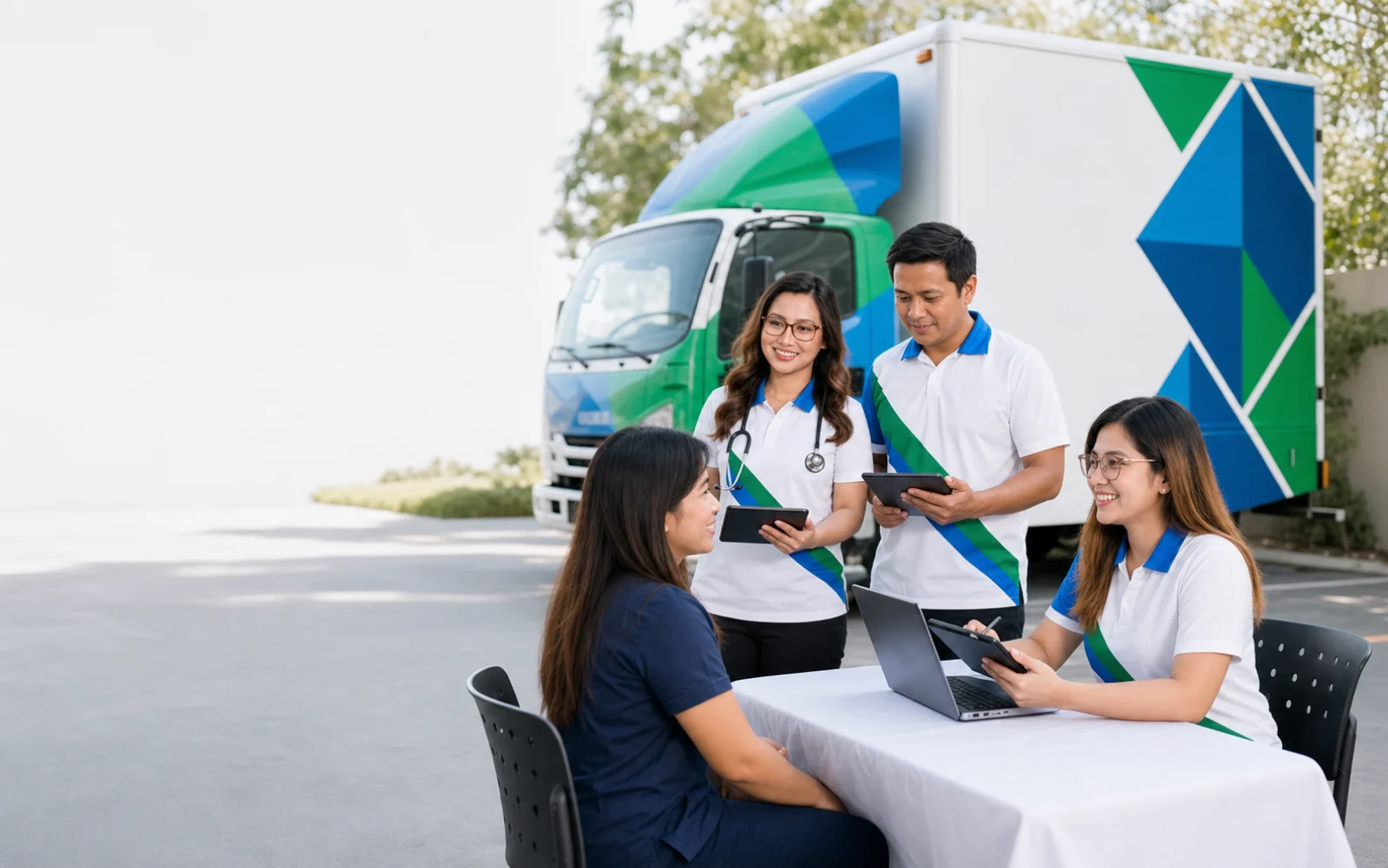 Illustrative scene of an onsite annual physical examination with a mobile diagnostics van