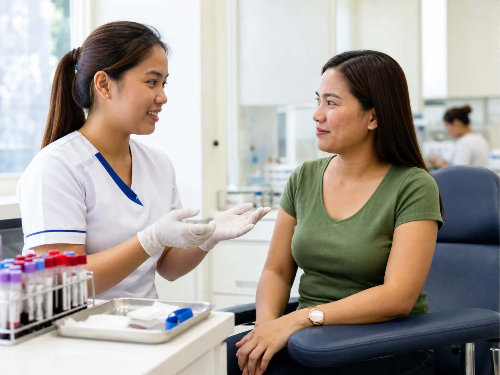Filipino medical technologist explaining a routine laboratory visit to a patient